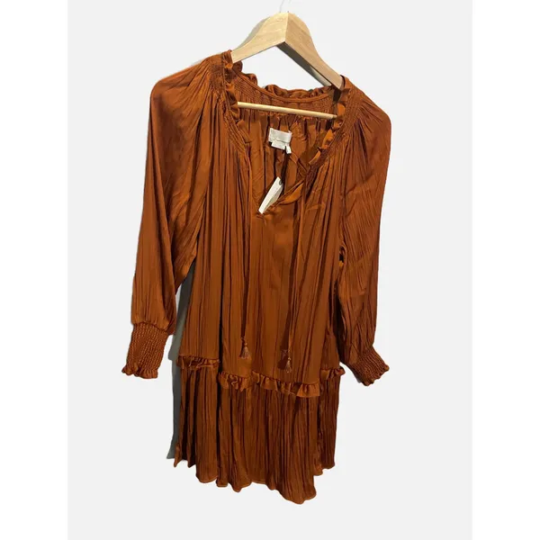 Anthropologie Pleated Mini‎ Dress Giulia XS Orange Ruffle Tiered Boho Fall - Image 3