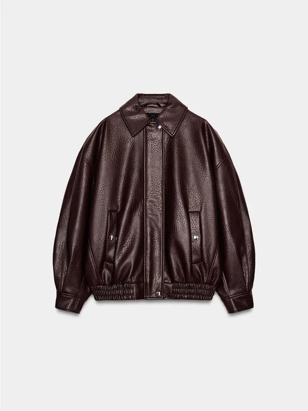 Zara Dark Brown Oversized Faux-Leather Bomber Jacket - Image 6