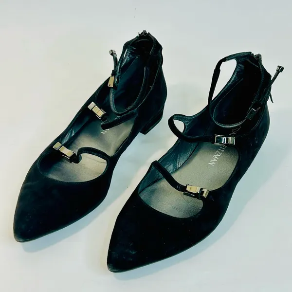 Stuart Weitzman 'Flippy' Three-Strap Mary Jane Flats in Black Suede size 7.5 - Image 4