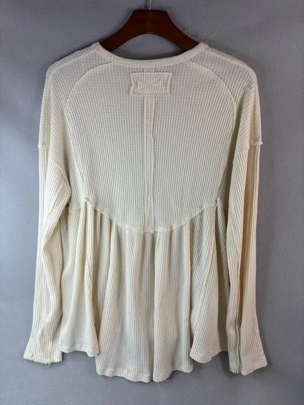 Free People M Boho Thermal Waffle Knit Peplum Pullover Top - Image 2