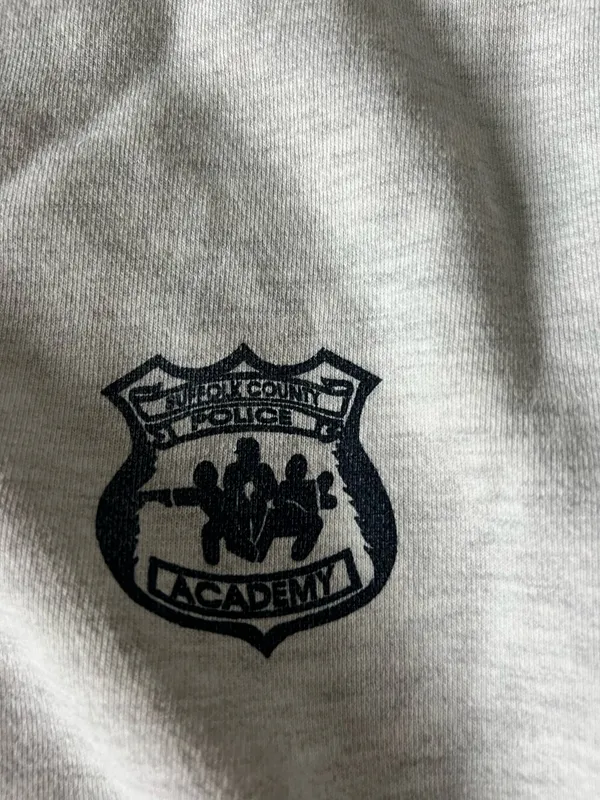 Comfortable light gray crewneck sweatshirt with a small embroidered crest on the chest. Soft, durable fabric for everyday wear. Ribbed cuffs and hem provide a secure fit. Neutral light gray pairs easily with casual outfits. - Image 2