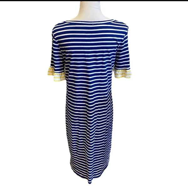 Boden Blue White Striped Vneck Mini Dress Yellow Ruffle Sleeve 8 8L Tall Coastal - Image 6