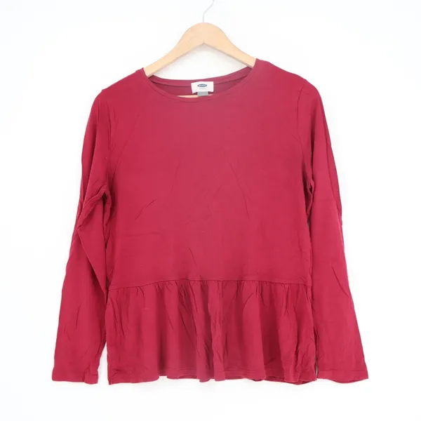 Old Navy T Shirt Women Medium Maroon Ruffled Hem Round Neck Long Sleeve Pullover - Image 2