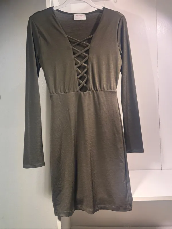NYMPHE Olive Green Lace-Up V-Neck Mini Dress - Image 5