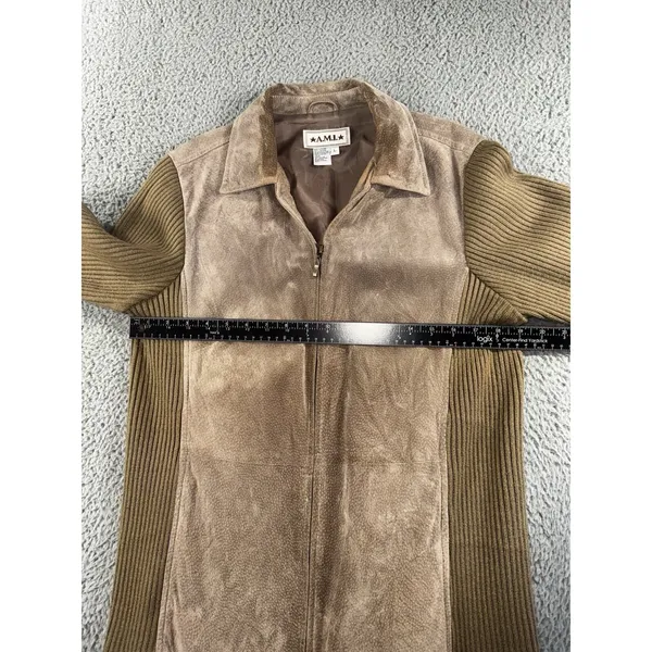 Retro Leather Knit Jacket Women L Brown Ribbed Full Zip VTG‎ Boho Mixed Media - Image 4