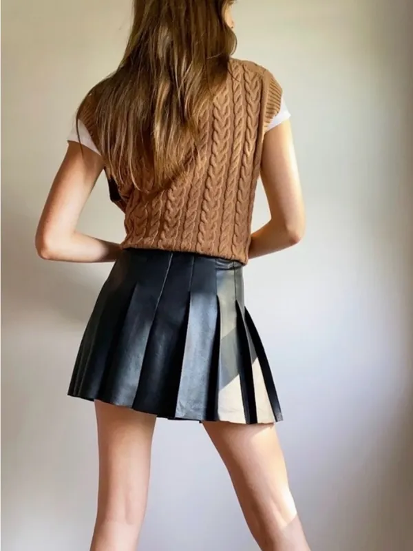 Aritzia Sunday Best Olive Vegan Leather Mini Skirt Pleated Black 6 - Image 4