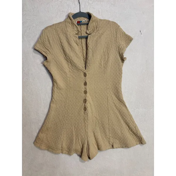 Free People FP Beach Ramona Textured Knit Button‎ Front Romper Tan Beige Large - Image 5
