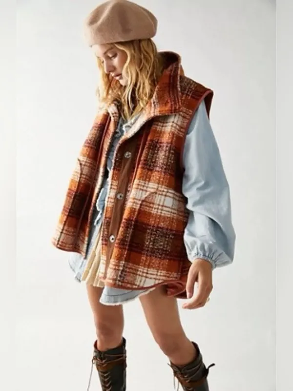 Free People Wrapped Up Blanket Vest Orange Plaid Wool Blend S - Image 3