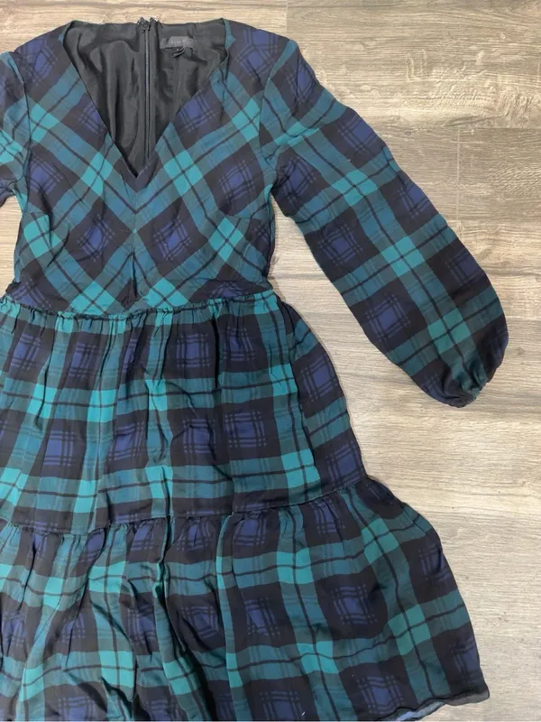 J.Crew Green & Navy Plaid Tiered Dress | Long Sleeve V-Neck | Size 0 | Classic - Image 4