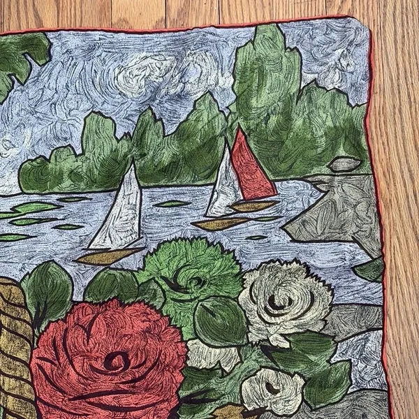 Vintage Impressionist Floral Basket‎ Sailboat Lake Scene Square Scarf Red Green - Image 4