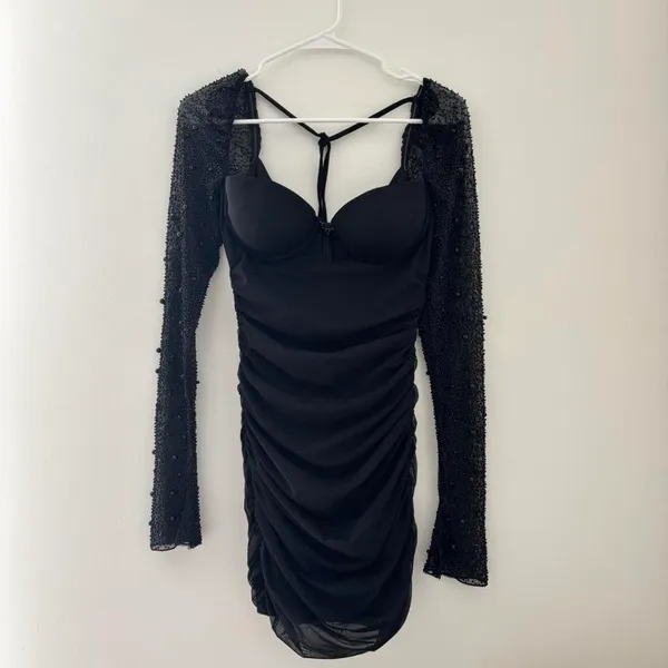 Oh Polly Black St. Germain Mini Dress Embellished Long Sleeve - Image 3