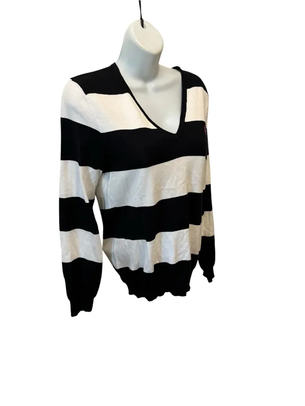 VTG 90’s Y2K Ralph Lauren Sport Rugby Stripe Pima Cotton V Neck Sweater M Black - Image 2
