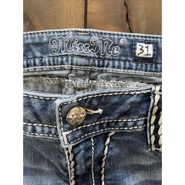 Miss Me Mid Rise Slim Bootcut Womens Size 31 Blue Jeans Y2K Embellished Denim - Image 5