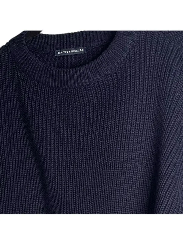 Brandy Melville Cropped Crewneck Sweater Navy Blue Women's Ribbed Cotton Size M - Image 2