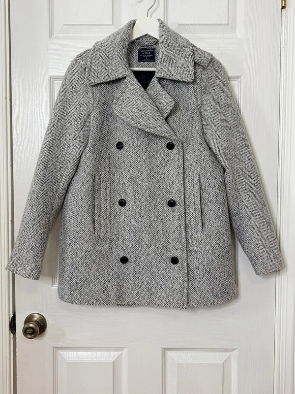 Abercrombie & Fitch Gray Herringbone Double Breasted Peacoat Quiet Luxury Preppy Career S - Image 2