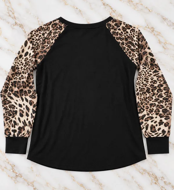 CMSJ Women’s Leopard Print Raglan Long Sleeve Top Black Size M - Image 2