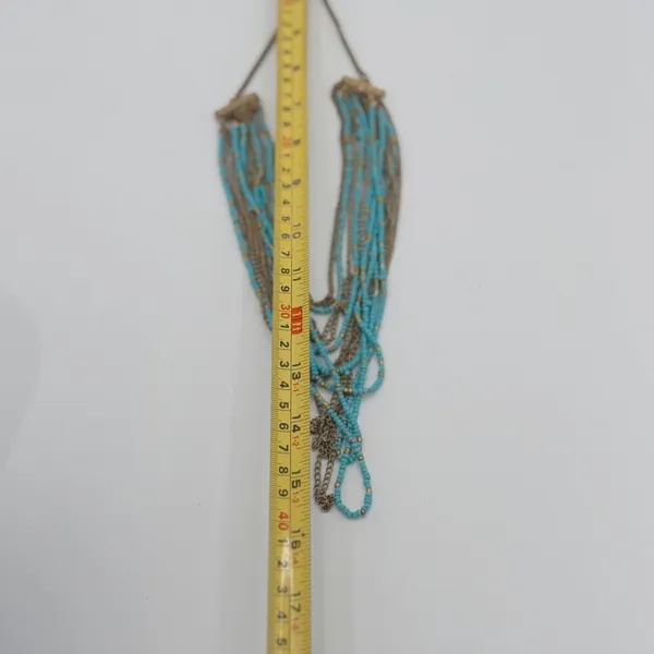 Turquoise Blue Seed Bead Layered Multi Strand Necklace Gold Tone Boho Statement - Image 4