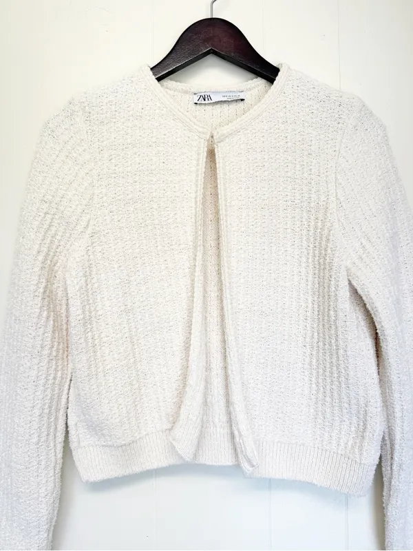 ZARA Textured Knit Cropped Cardigan Sweater Cream Ivory Luxury Size Small - Image 3