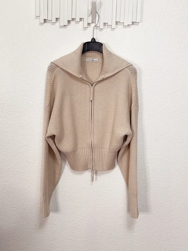 Zenana Beige Ribbed Knit Two Way Zip Up Sweater Jacket Oversized Collar Cardigan - Image 5