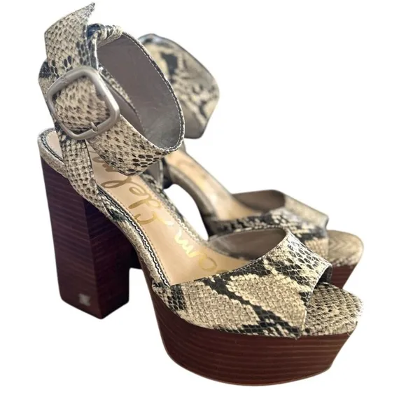 Sam Edelman Rain White Snakeskin Print Stacked Brown "Wood" Platform Heel - Image 2