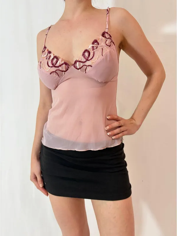 Sheer Angelic Pink Bow Embroidered Fairy Cami - Image 5