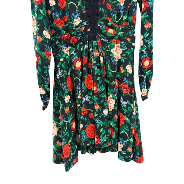 Anthropologie Black Floral Lace Trim V-Neck Long Sleeve Mini Dress 8 Whimsygoth - Image 6