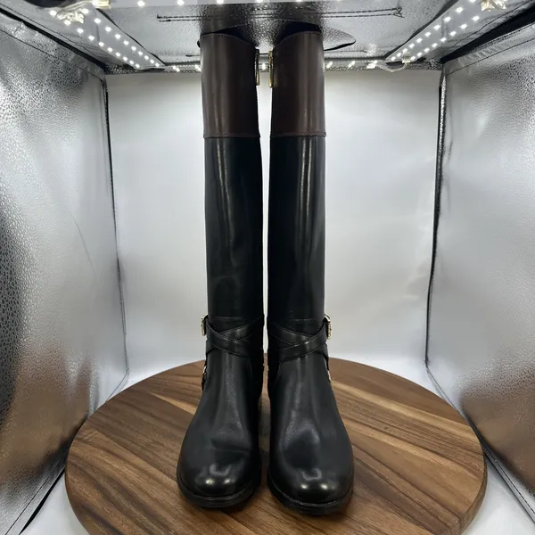 Michael Kors Preston‎ Two Tone Leather Riding Boots Black Brown Women's 5.5M - Image 4