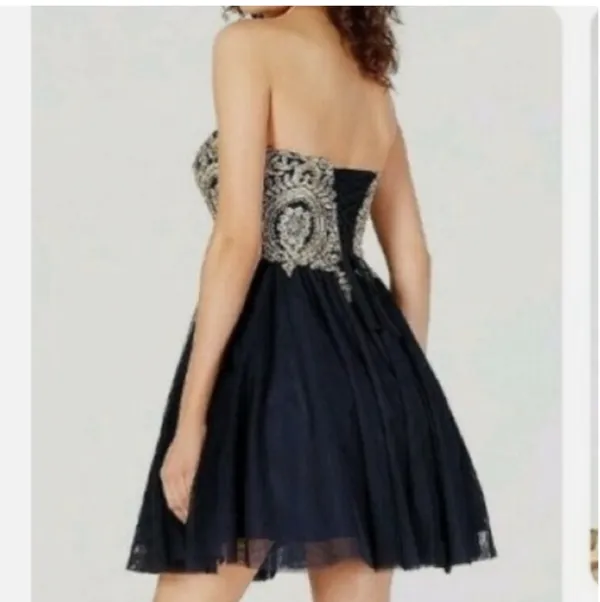 Navy and Gold Strapless Formal Dress - Image 2