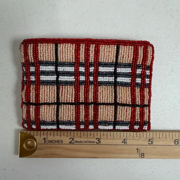 Vintage Coin Purse Plaid Beaded Red Tan White Black Zippered Card ID Pouch - Image 7