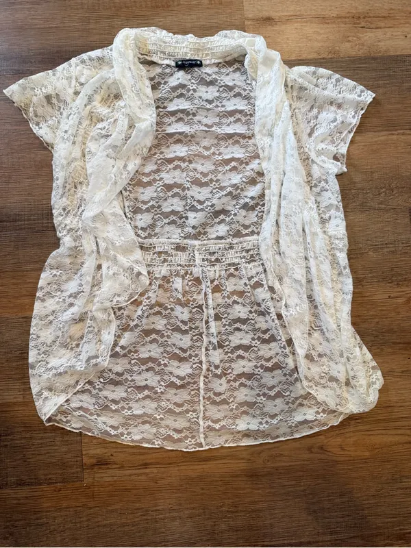 White Lace Draped Open Front Cardigan Size L - Image 4