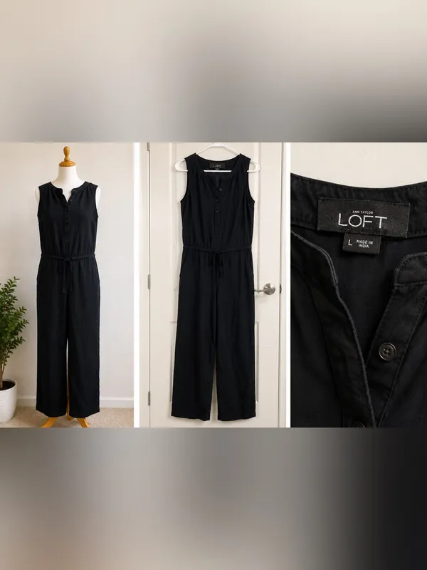 LOFT Black Sleeveless Jumpsuit Wide Leg Drawstring Waist Size Large - Image 2