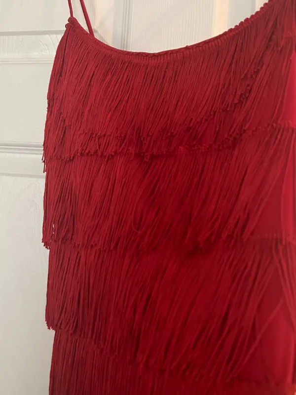 Vintage 90s Rare Roberta Red Fringe Flapper Mini Dress Size Small Cocktail - Image 11