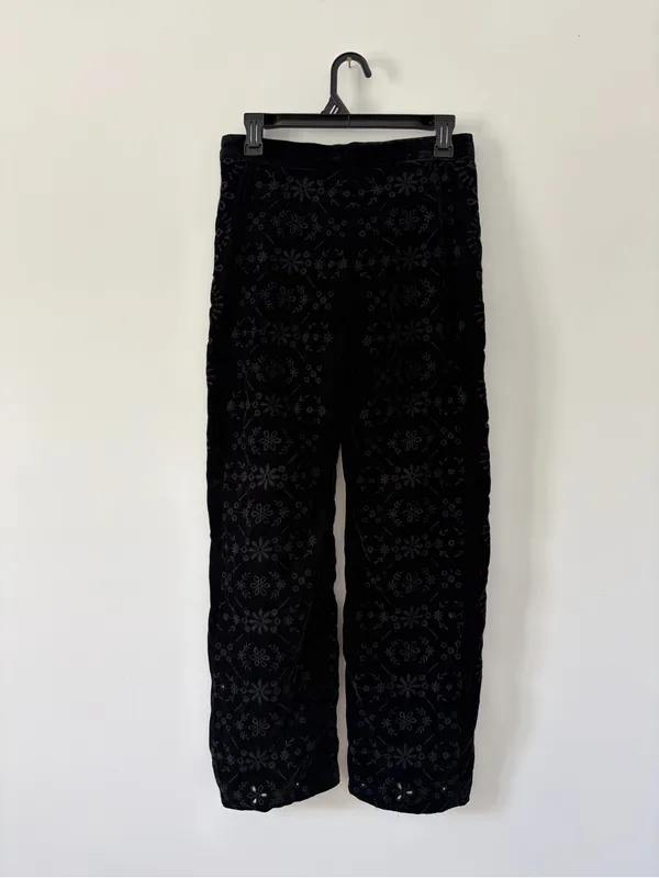 Zara Alina Black Velvet Embroidered Eyelet Wide Leg Contemporary Pant Trousers M - Image 6