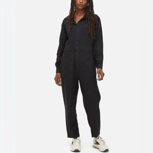 $248‎ Mate the Label 100% Organic Linen Black Long Sleeve Jumpsuit Small Natural - Image 2
