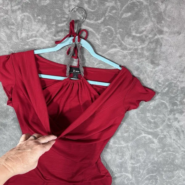 Y2K Red Halter Top Large Tie Neck Beaded Babydoll Tank Glam Embellished Date - Image 5