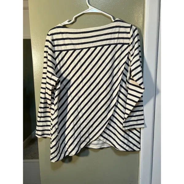 Loft Women's Size Large Boatneck T-Shirt White Navy Stripes Terry Cloth Boatneck - Image 5