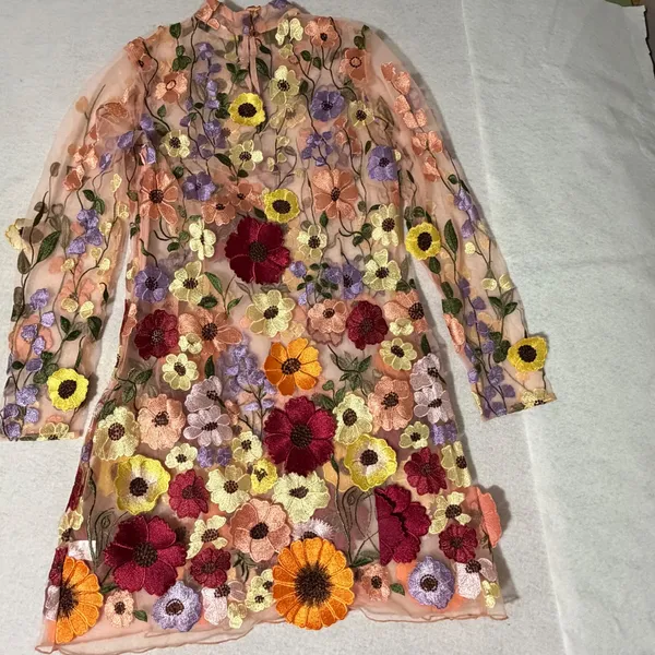 Finesse Floral Embroidered Sheer Mesh Mock Neck Mini Dress Peach Multi Size L - Image 6