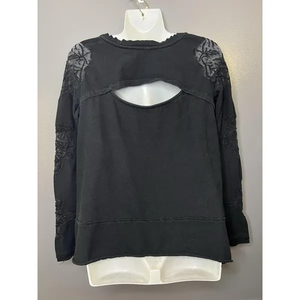 Free People Blouse Womens Small Black Embroidered Scoop Neck Long Sleeve Top - Image 6