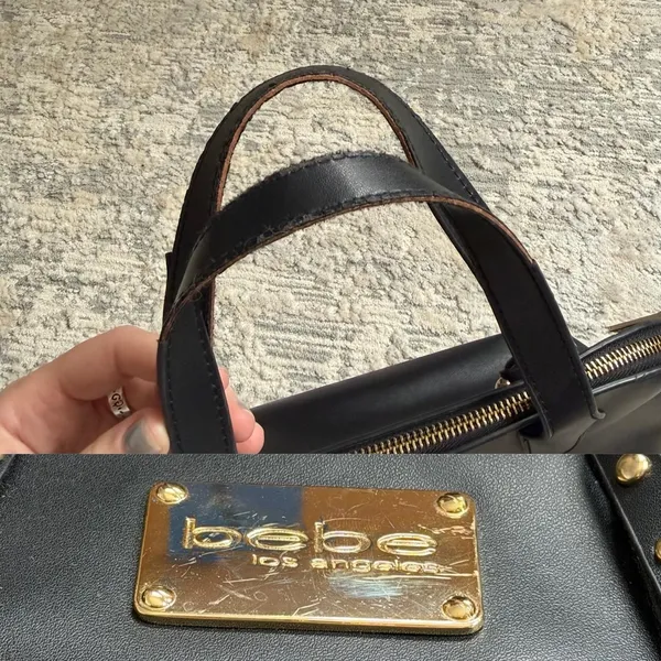 faux leather black Bebe shoulder bag with gold hardware and stud accents - Image 8