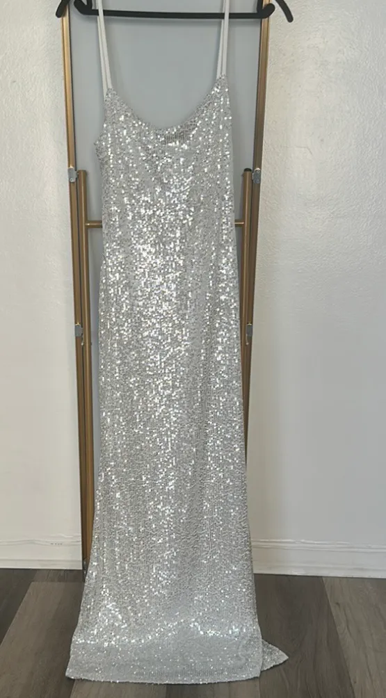 Spaghetti Straps Sequin Maxi Dress Silver - Image 4