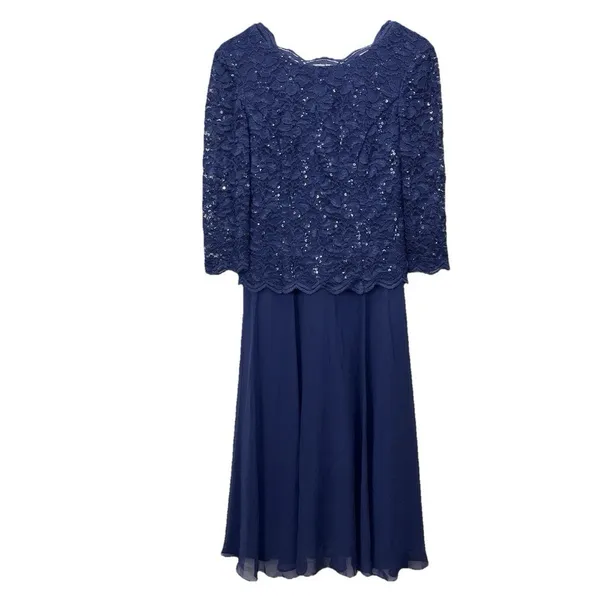 Alex Evenings Navy Blue Sequin Lace Chiffon Midi Special Occasion Dress Size‎ 6 - Image 4
