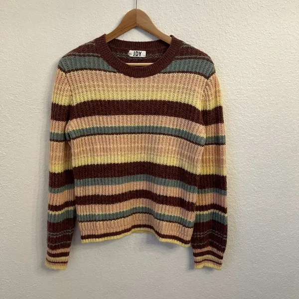 JDY Striped Crewneck Sweater M Burgundy Pink‎ - Image 2