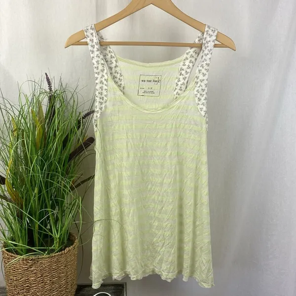 We The Free People Ivory & Green Stripes & Floral Print Tank Top S - Image 2