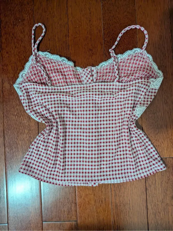 Kirious Red Gingham Lace Button Cami Top Size L Size L - Image 2