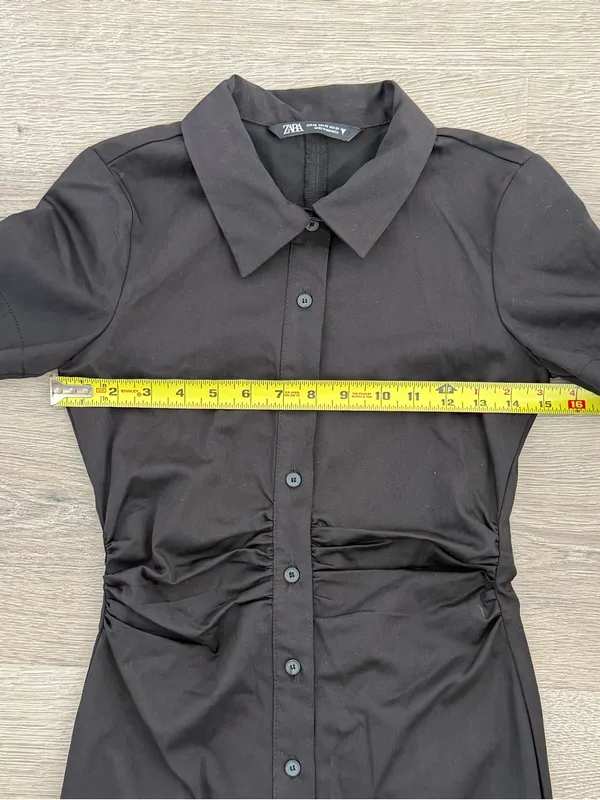 Zara Black Ruched Button Front Mini Shirt Dress XS - Image 5