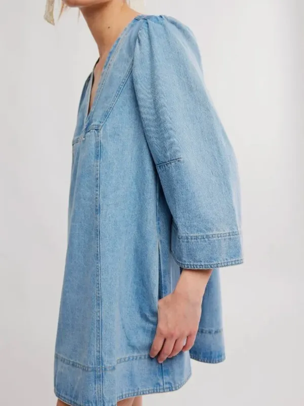FREE PEOPLE NWT Goldie Balloon Sleeve Denim Mini Dress / Celestial Blue XS - Image 4