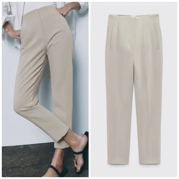 Zara Medium High Waisted Pleated Straight Leg Pants Cream Minimalist Cropped - Image 2