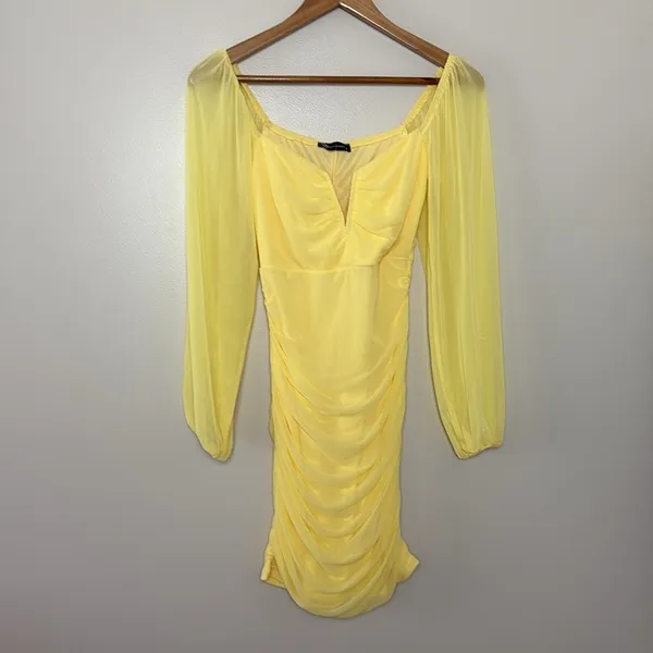Pretty garden butter yellow mini‎ dress long sheer sleeves ruched body Size S - Image 13