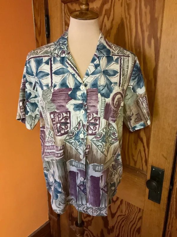 Vintage 80s Season Ticket Blouse Medium Boho Abstract Print Pocket Top - Image 10