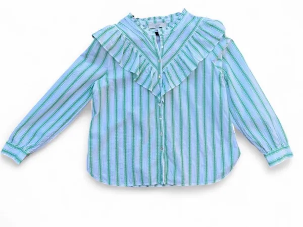 LOFT Green and White Striped Ruffle Collar Blouse - Image 4